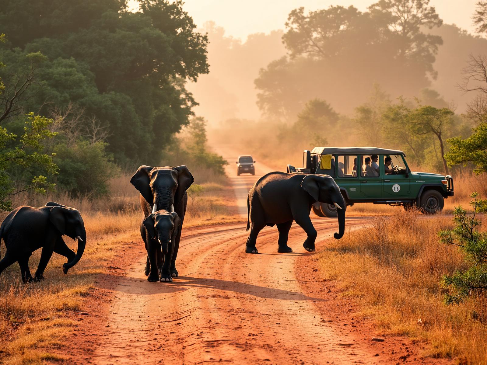 Wild Sri Lankan elephants crossing open scrubland in Yala National Park